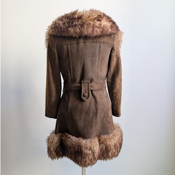 Vintage Brown Suede Fur Trim Penny Lane Jacket Genuine Leather Trench Coat Small - Picture 4 of 11